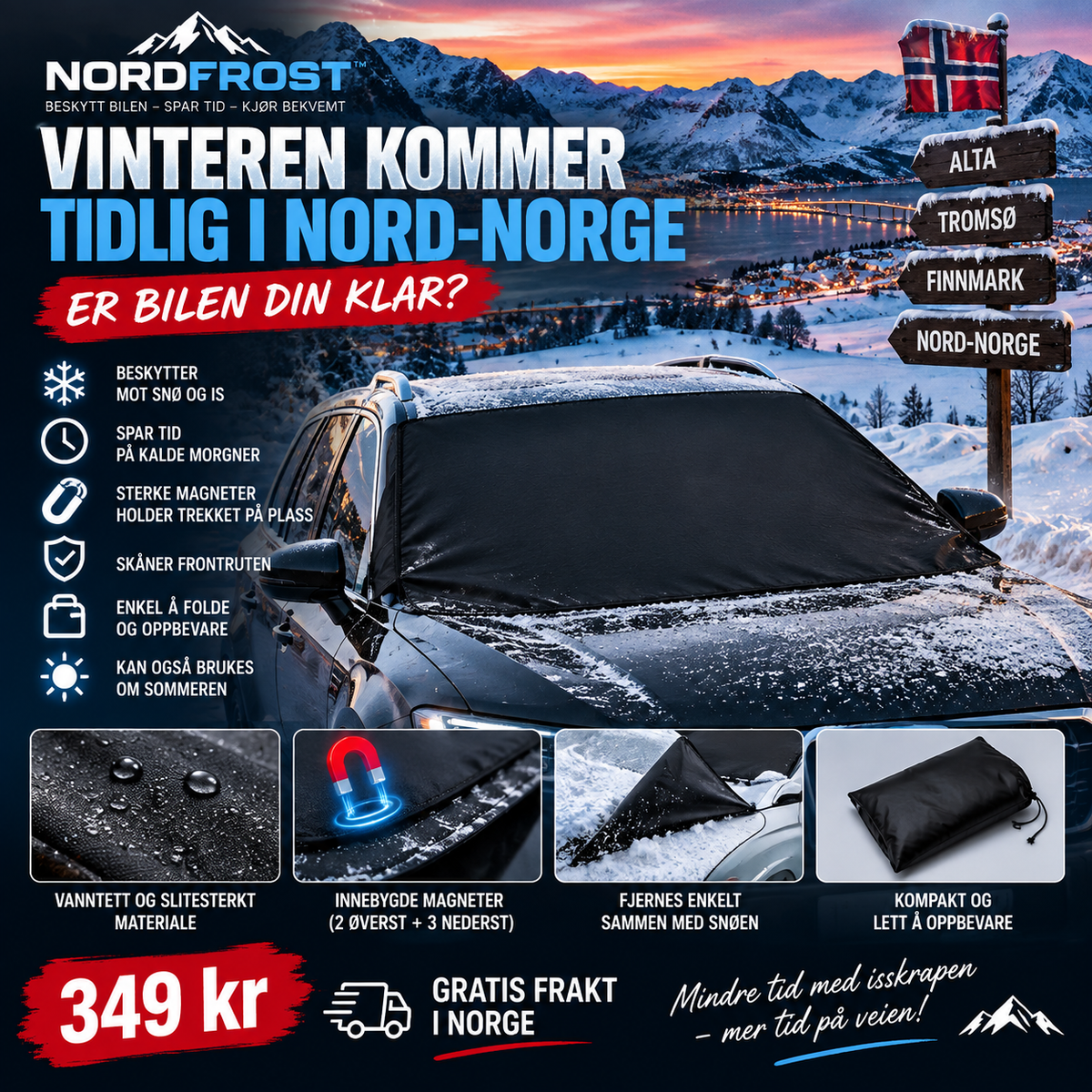 NordFrost – Magnetisk frontrutebeskytter mot snø og is